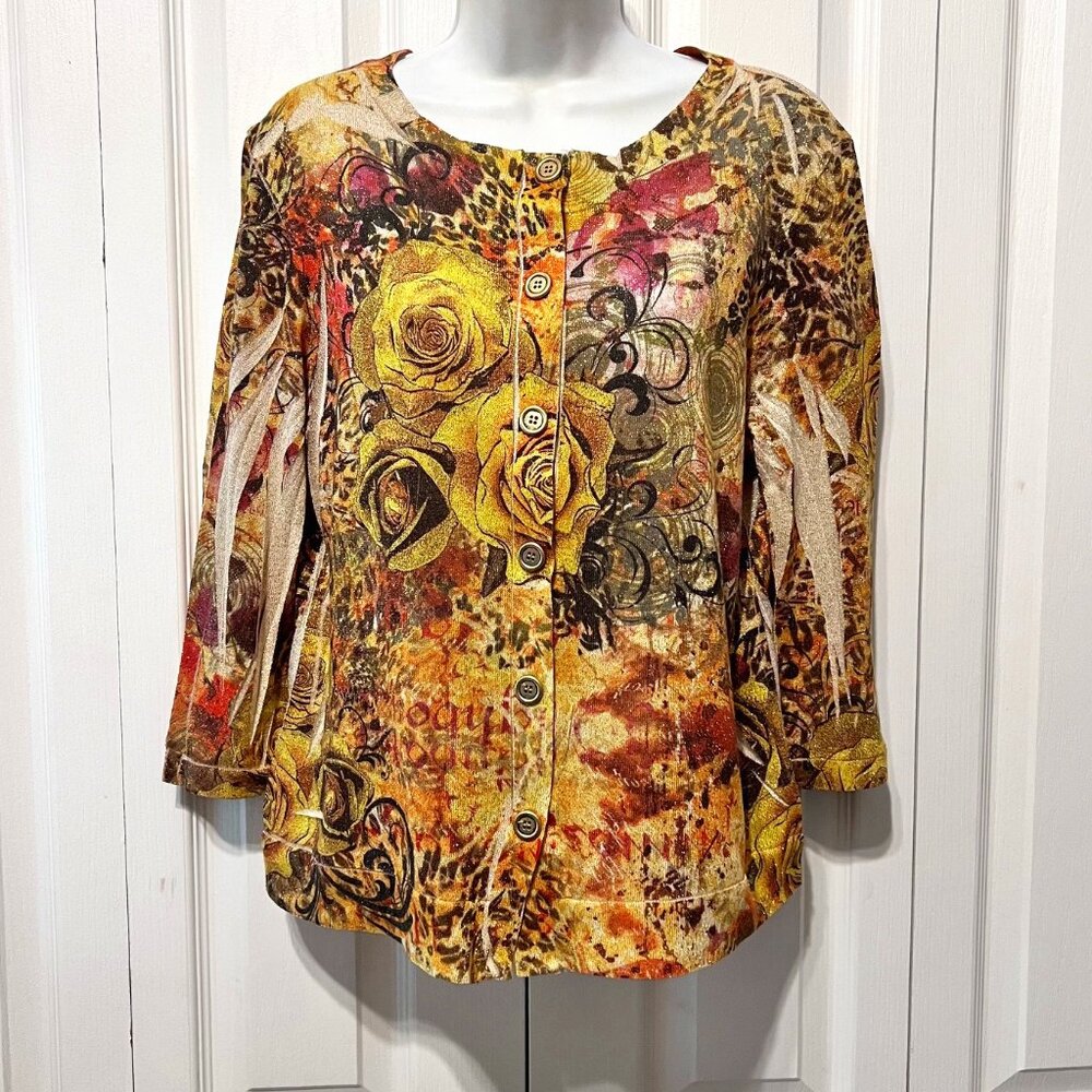 Investments Women's 3/4 Sleeves-Shine Gold Floral/Leopard Print Blouse/Cardigan